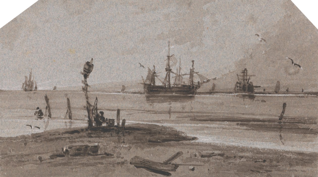 Navios Ancorados ao largo num mar calmo de Francois Louis Thomas Francia