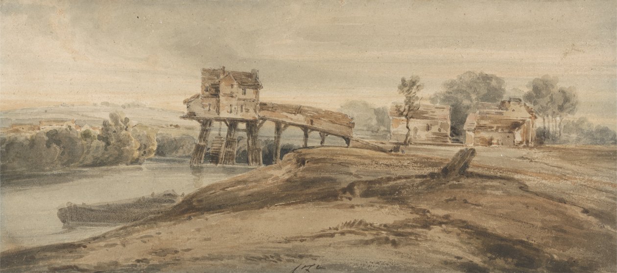 O moinho de água acima da ponte em Charenton, após uma pintura por Thomas Girtin (1775-1802) (wc sobre grafite no papel) de Francois Louis Thomas Francia