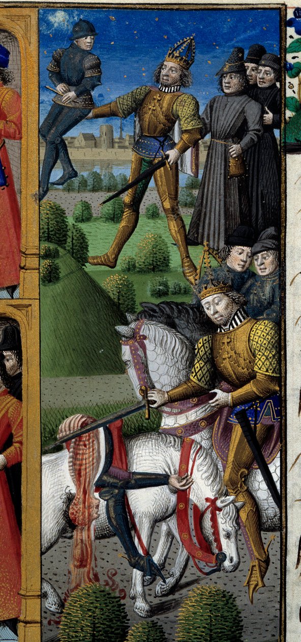 Cenas da vida de Carlos Magno (742-814) Rei dos Francos: cena de combate. Macaco. Miniatura retirada do manuscrito "Speculum historiale" (Le Mirror historiale) de Vincent de Beauvais (1184/94-1264) iluminado pelo Mestre François (15º Centuri de Maître François