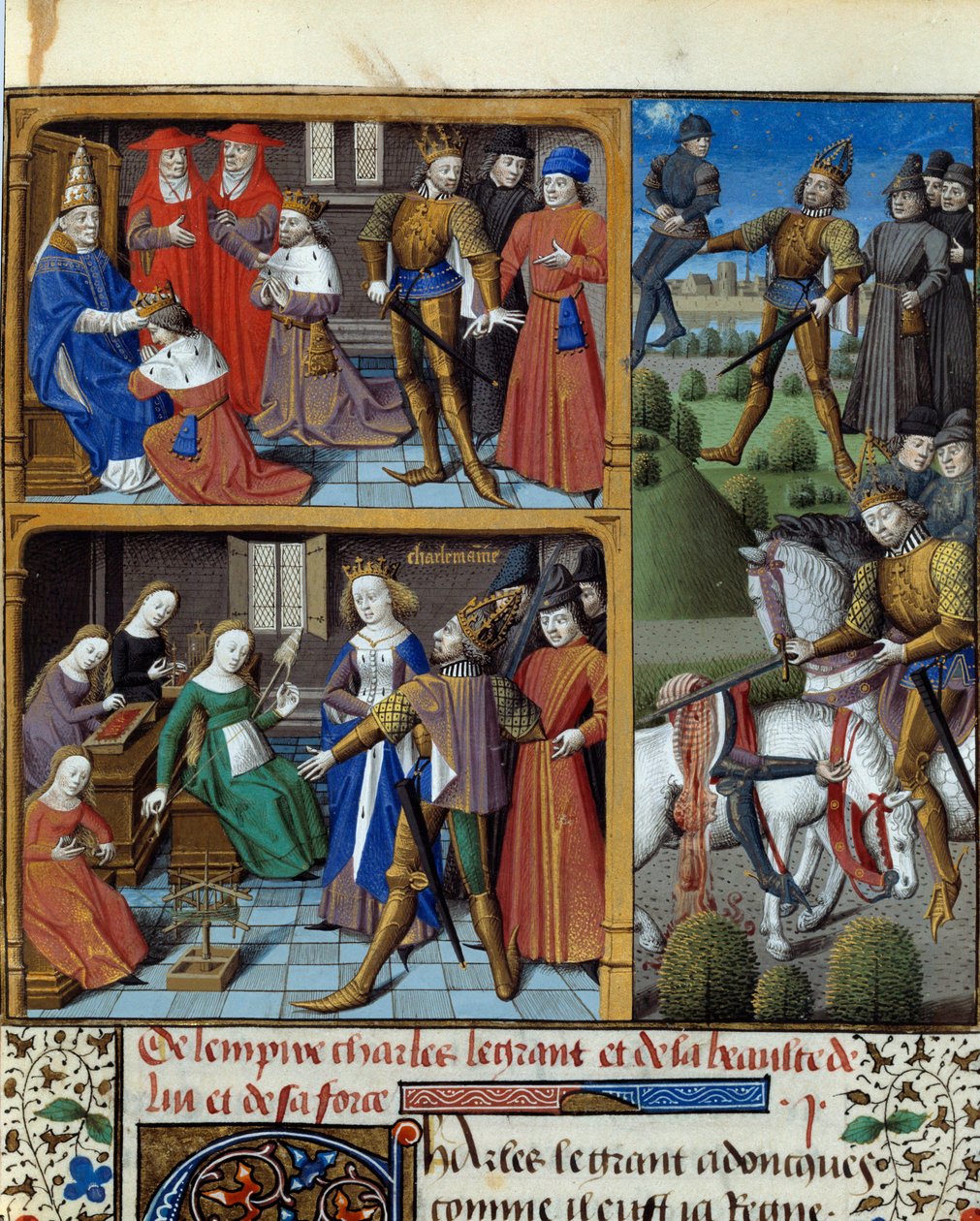 Cenas da vida do Rei dos Francos Carlos Magno (742-814). Miniatura retirada do manuscrito "Speculum historiale" (Le Mirror historiale) de Vincent de Beauvais (1184/94-1264) iluminado pelo Mestre François (século XV). Chantilly, Conde de Maître François
