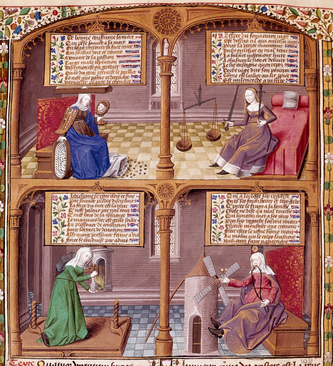 Os Quatro Vírus Cardeais: Prudência, Força, Continência e Justiça. Página retirada de um manuscrito de Seneque (Lucius Annaeus Seneca, 4 AC-65 DC. JC), filósofo da escola estóica, dramaturgo e estadista romano iluminado pelo mestre François. de Maître François