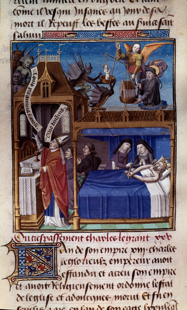 A morte de Carlos Magno (742-814) Miniatura retirada do manuscrito "Speculum historiale" (Le Mirror historiale) de Vincent de Beauvais (1184/94-1264) iluminado pelo Mestre François (século XV). Chantilly, Museu Conde de Maître François