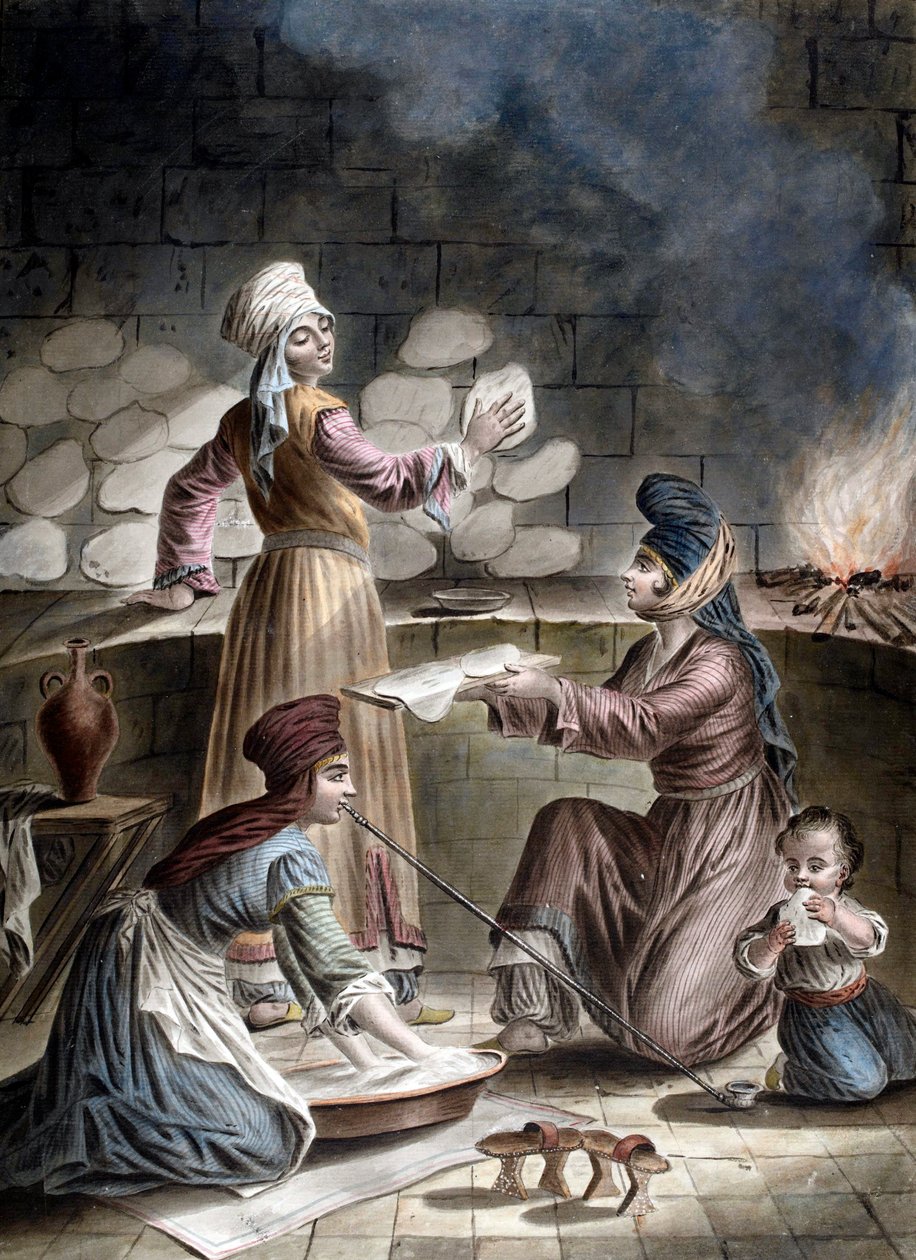 Mulheres turcas cozendo pão - Mulheres turcas cozendo pão - por François Marie Rosset (1752-1824) de Francois Marie Rosset