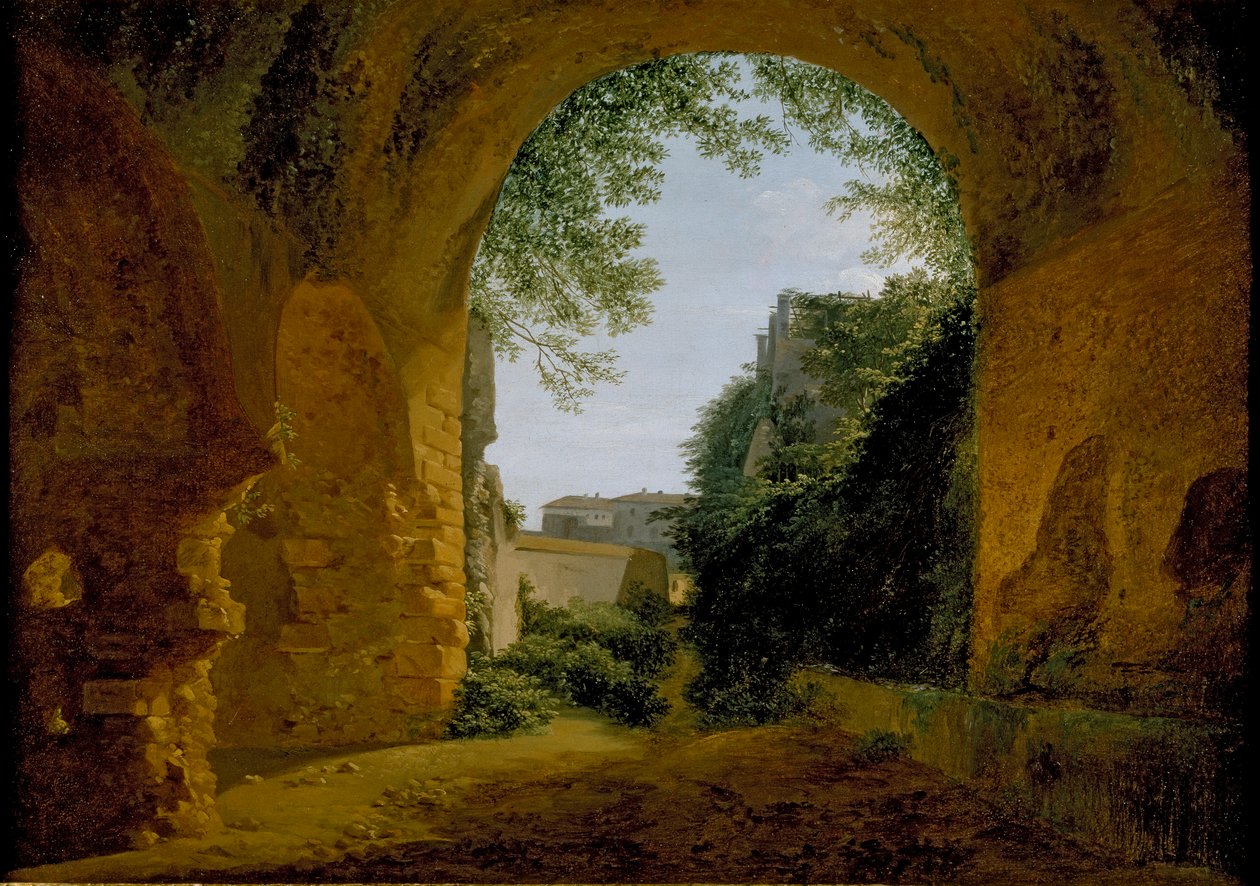 Uma vista de um jardim, visto de dentro de uma abóbada romana, 1802-1824 de Francois Marius Granet