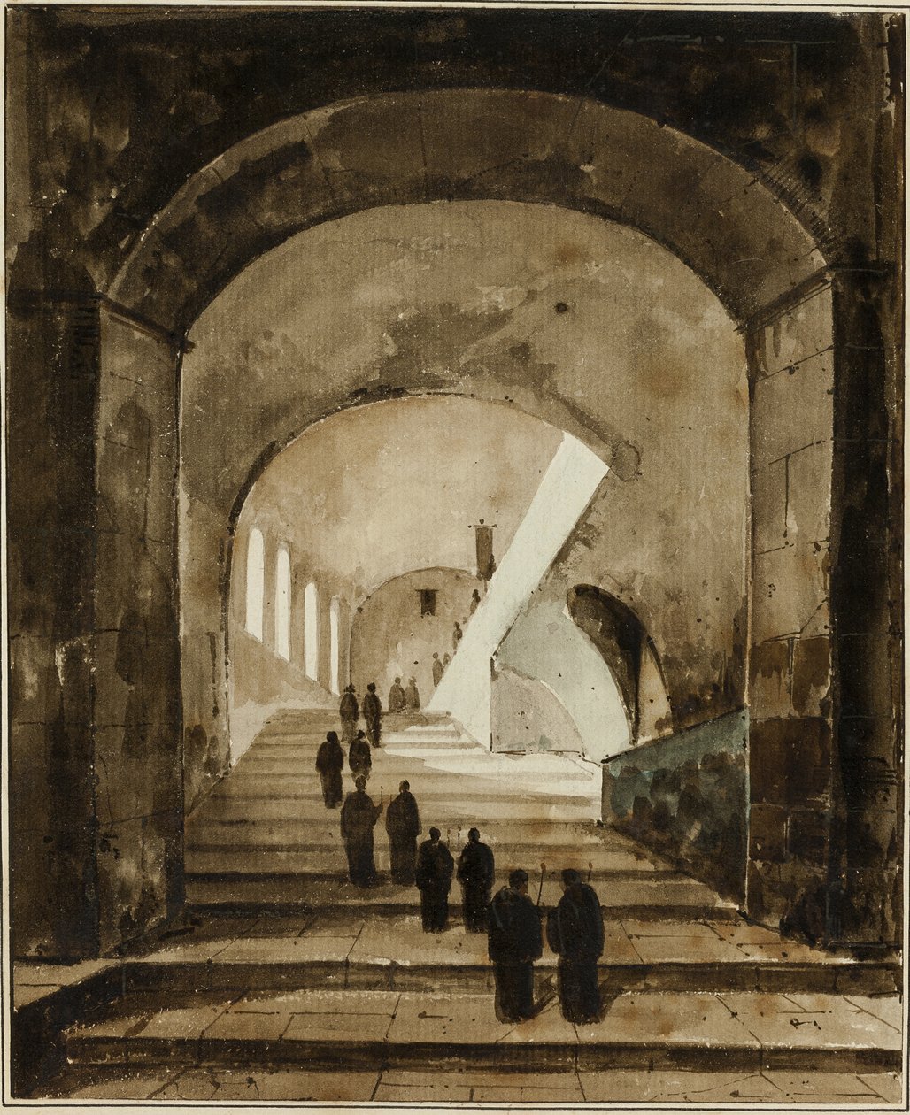 Monges na Escadaria da Villa de Mecenas em Tivoli de Francois Marius Granet