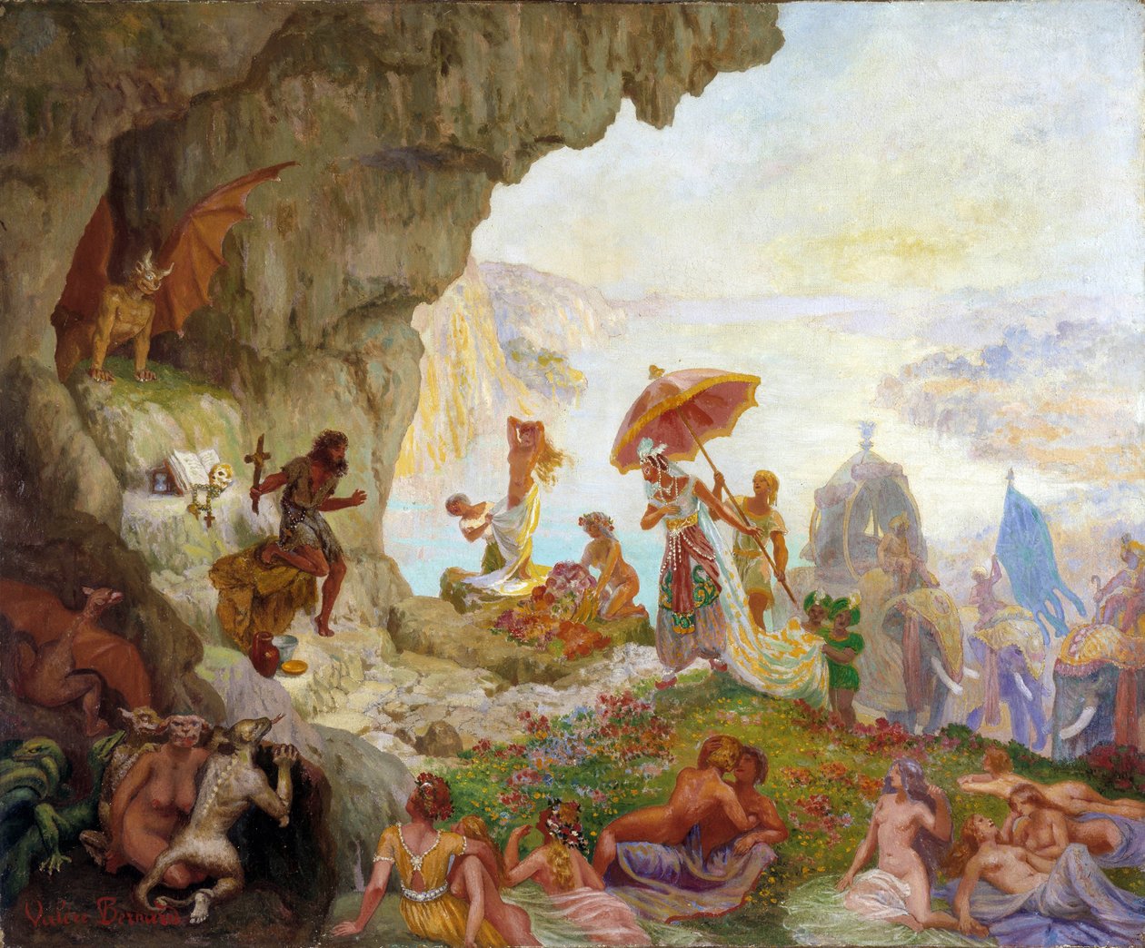 A Tentação de Santo António Magno (ou Santo António Eremita ou Santo António Abade) pela Rainha de Sabah (ou Saba) Pintura de François Marius Valere Bernard (1860-1936) Dim. 60x73cm. Menção obrigatória: Fundação da coleção respeita de Prove de Francois Marius Valere Bernard