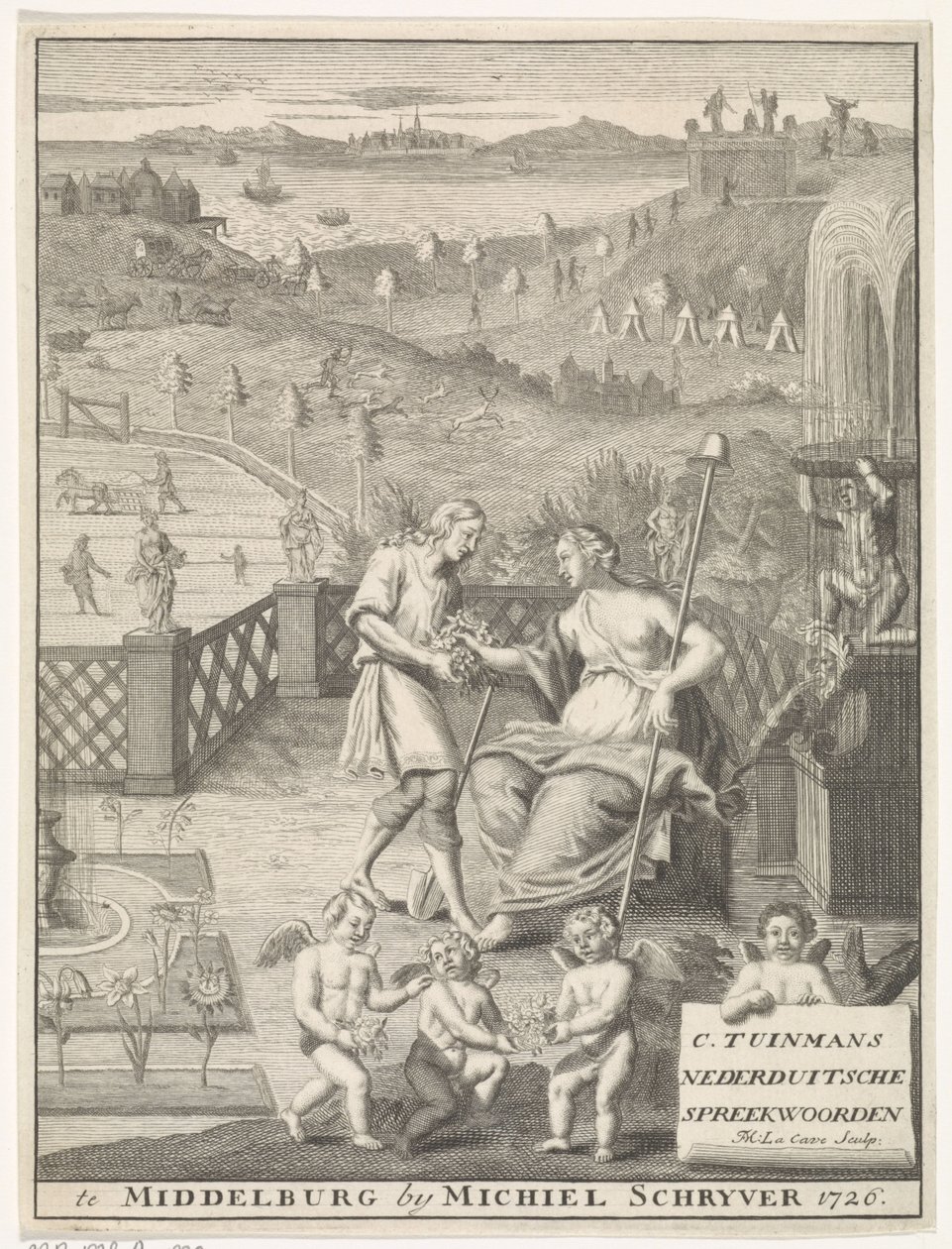 donzela holandesa recebe flores de um jardineiro
Página de título para: Carolus Tuinman, De oorsprong en uitlegging van (...) Nederduitsche spreekwoorden, 1726. de Francois Morellon la Cave