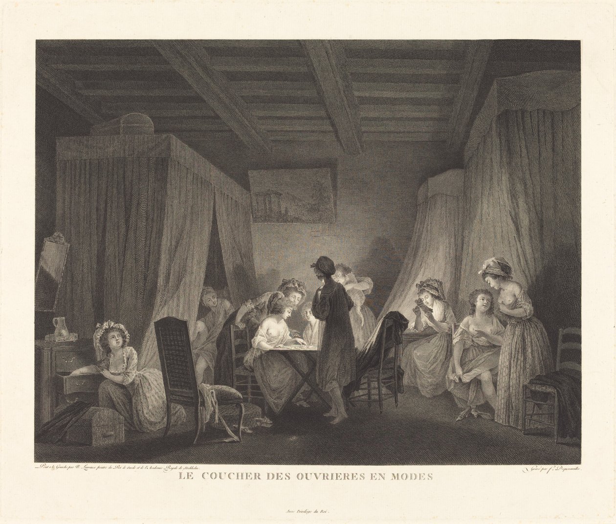 A hora de dormir dos trabalhadores nos modos de Francois Nicolas Barthelemy Dequevauviller after Nicolas Lavreince