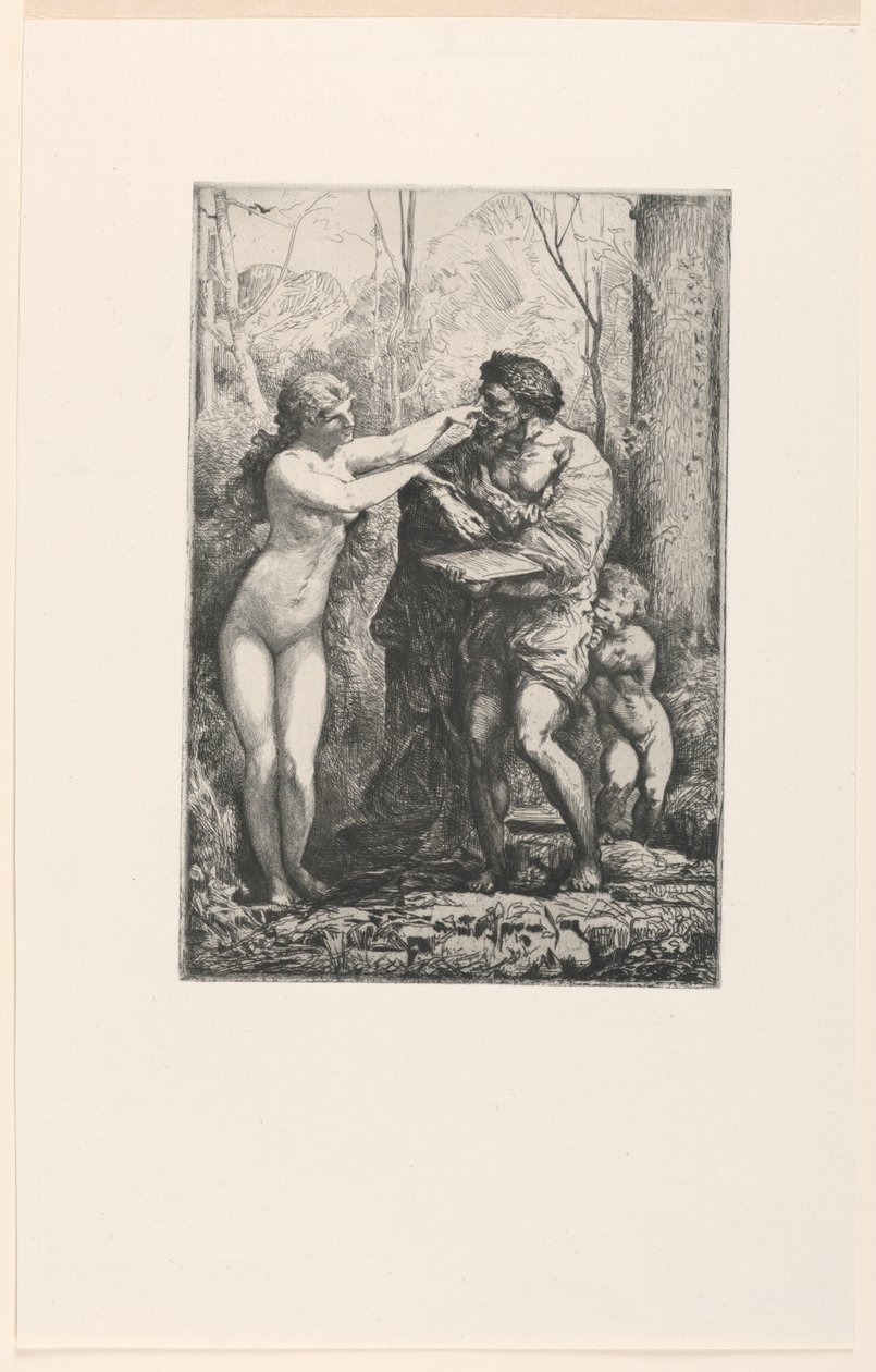 Artista e uma ninfa, de Twelve Etchings por Chifflart de Francois Nicolas Chifflart