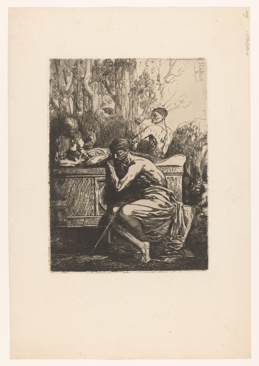 Representação clássica com homens à volta de um sarcófago
Homme devant un tombeau antique
Improvisações sur cuivre (título da série) de Francois Nicolas Chifflart