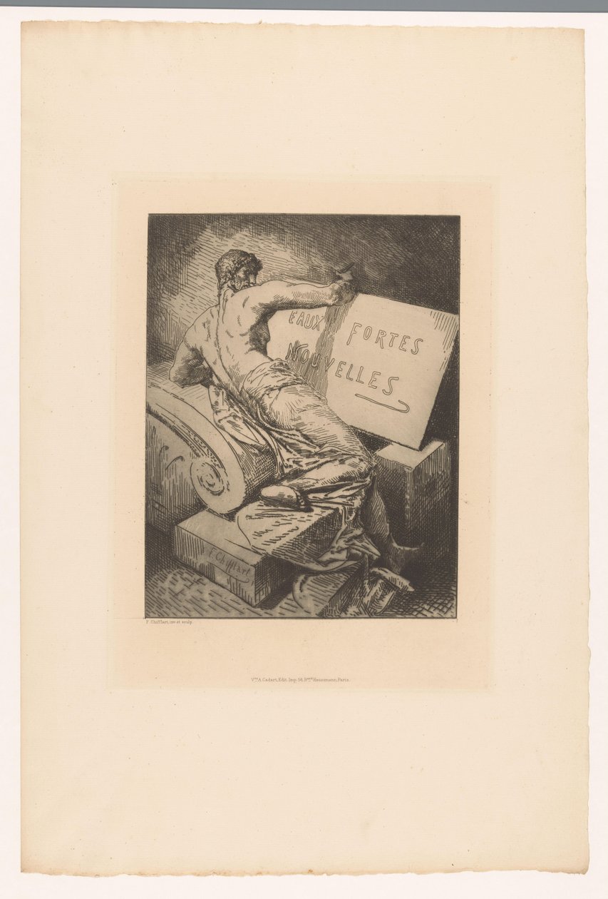 Impressão do título com homem no monumento de pedra Eaux Fortes Nouvelles (título no objeto) Gravuras de vários gravadores de 1877 (título da série) L