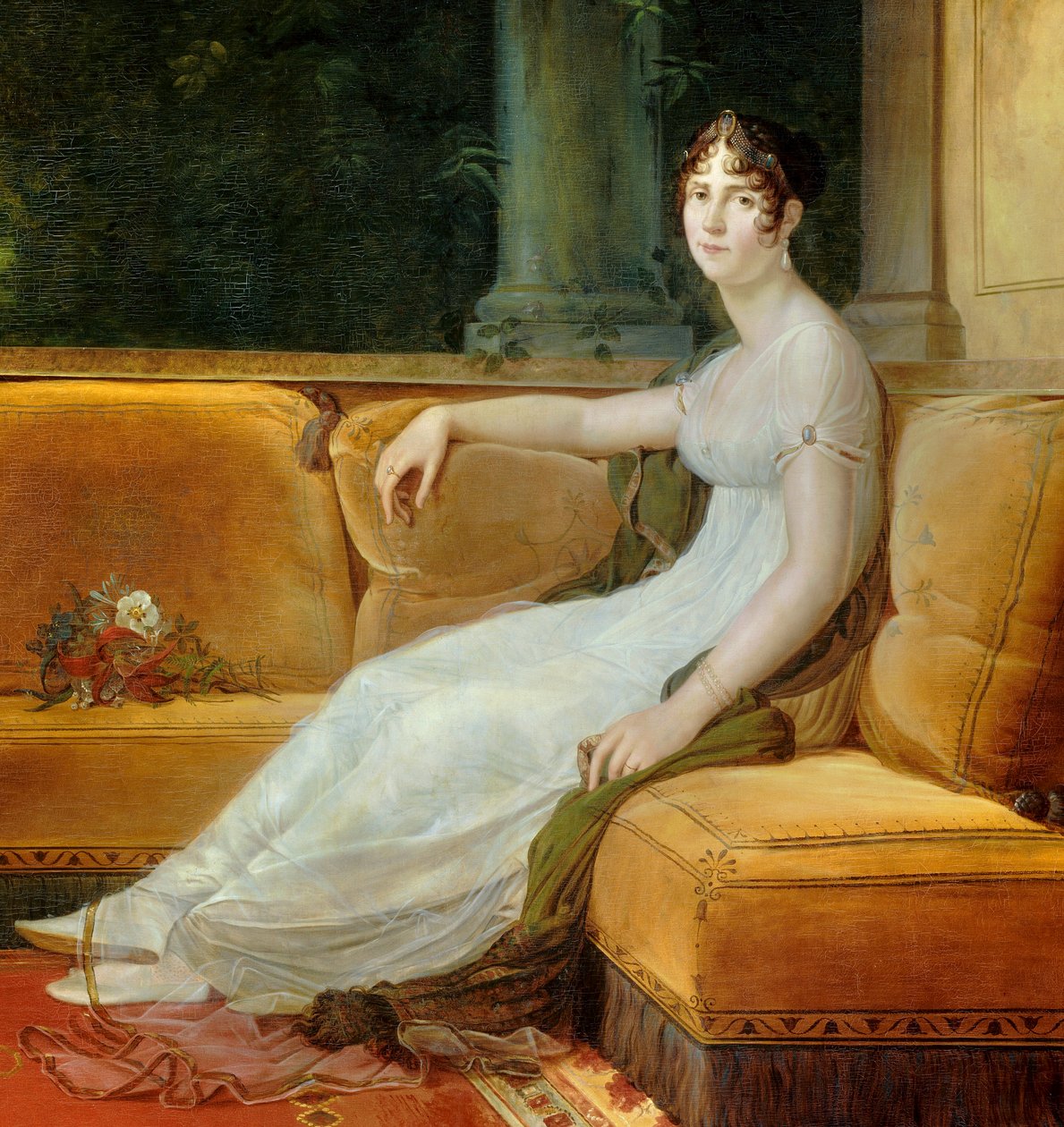 Detalhe do "Retrato da Imperatriz Josephine de Beauharnais (1763-1814) em seu salão em Malmaison" Pintura de François Gerard (1770-1837) 1801 Sol. 1,71x1,64 m Malmaison, musee du chateau - Retrato completo da Imperatriz Josephine de Beauharnais de Baron François Pascal Simon Gérard
