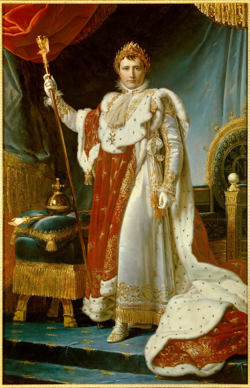 Retrato no pé de Napoleão I em traje sagrado (1769-1821) Imperador da Pintura Francesa de François Gerard (1770-1837). 1805. Dim. 2,23 x 1,43 m. Versalhes, musee du Chateau - Retrato a todo o comprimento de Napoleão I em vestes de Coroação (1769-1821) Impe de Baron François Pascal Simon Gérard