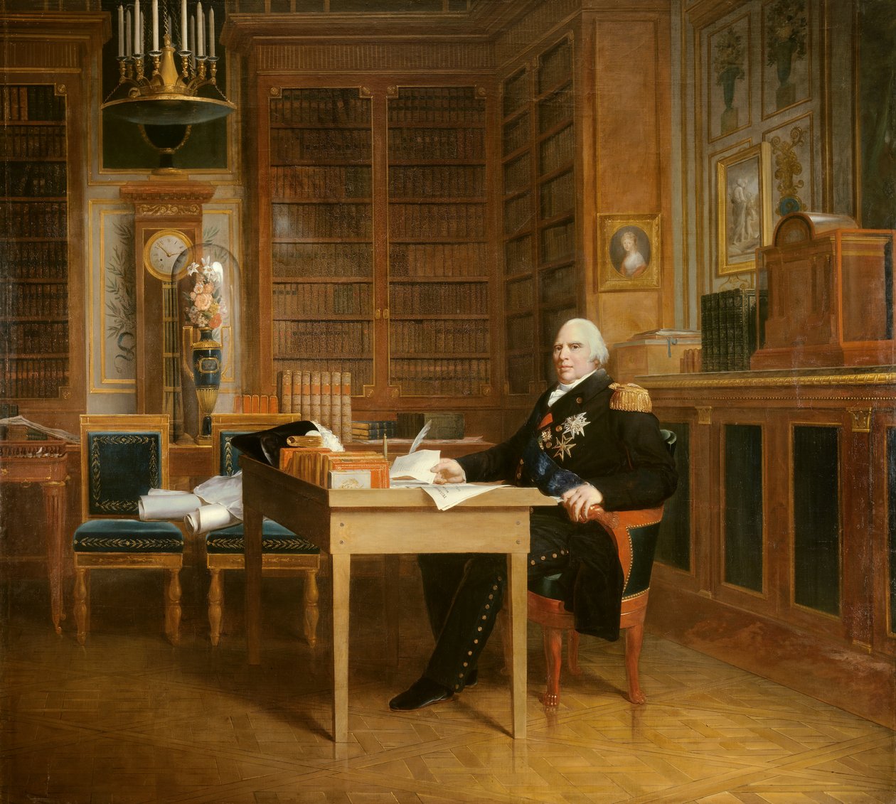 Retrato de Luís XVIII (1755-1824) tem seu escritório nas Tuileries, meditando sobre a Carta Pintura de François Gerard (1770-1837) depois de Marigny. Século XIX. Dim. 2,7x3,1 m. - Retrato de Luís XVIII (1755-1824) meditando sobre a Carta Carta sentado em de Baron François Pascal Simon Gérard