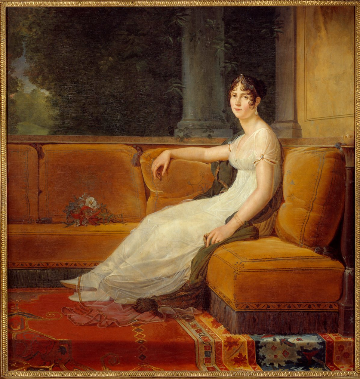 Retrato da Impressora Josephine de Beauharnais (1763-1814) no seu Salão na Pintura Malmaison de François Gerard (1770-1837) 1801 Sun. 1,71x1,64 m Malmaison, musee du chateau - Retrato completo da Imperatriz Josephine de Beauharnais (1763-1814) em t de Baron François Pascal Simon Gérard