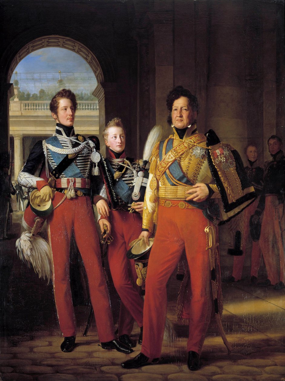 Retratos a pé de Louis-Philippe I (1773-1850), Duque de Orleans em uniforme como Coronel Geral dos Hussardos, e de seus filhos: o Duque de Chartres e o Duque de Nemours Pintura Louis Hersent (1777-1860) após François Gerard (1770-1837) 1832. Sol 2 de Baron François Pascal Simon Gérard
