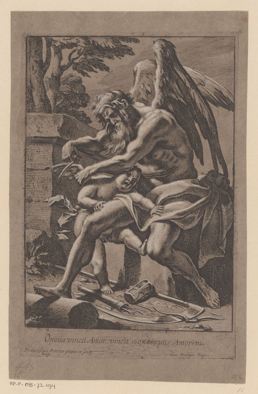 Tijd knipt de vleugels van Amor O amor conquista tudo, o amor logo conquista o tempo (título no objeto) de Francois Perrier
