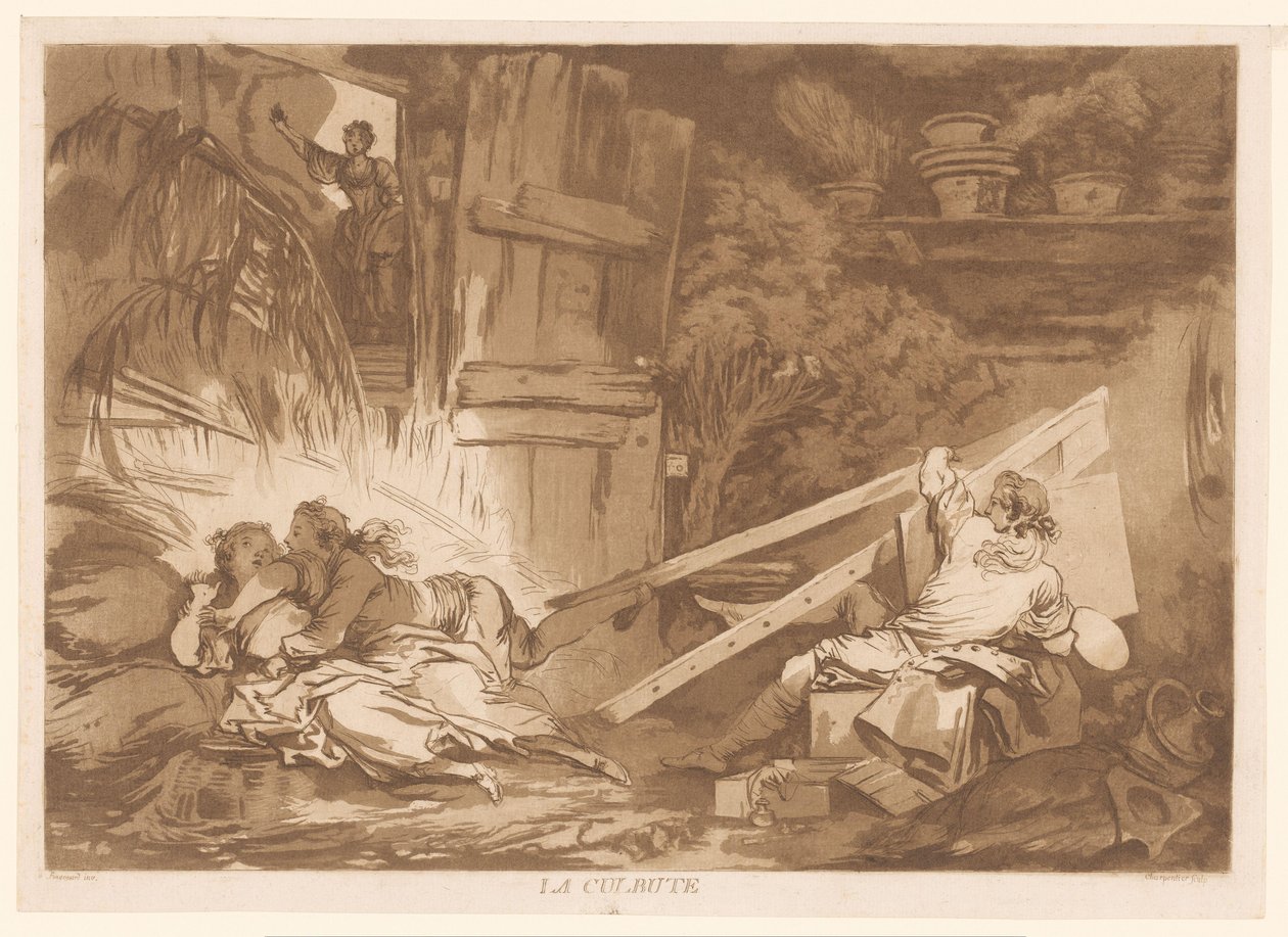 Jovem tropeçando cai sobre uma mulher sendo pintada La Culbute (título no objeto) de Francois Philippe Charpentier