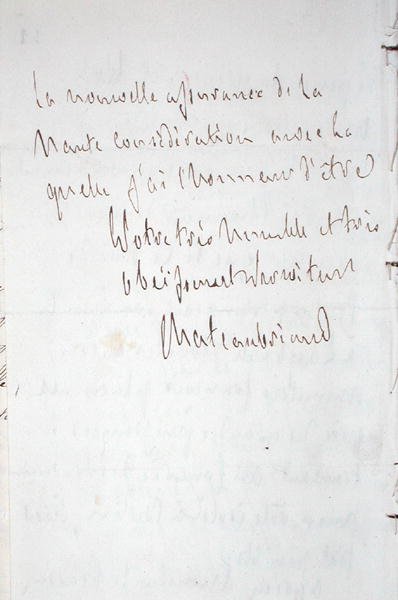 Carta com assinatura do escritor, escrita em Frankfurt a caminho do novo cargo de ministro plenipotenciário de Chateaubriand, em Berlim, 7 de Janeiro de 1821 (caneta e tinta sobre papel) de Francois Rene Vicomte de Chateaubriand