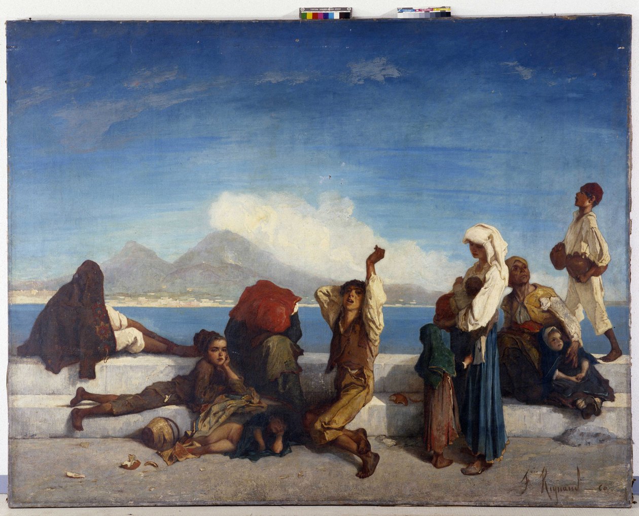 Os Lazzaroni, personagens do povo napolitano. Vista do Golfo de Nápoles (óleo sobre tela) de Francois Reynaud