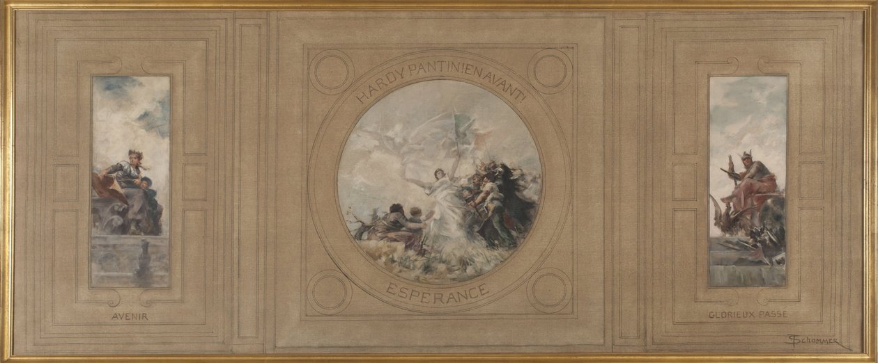 Esboço da Câmara Municipal de Pantin: Avenir. Hardy Pantin! Em frente. Espérance. Passado glorioso, em 1886 (óleo sobre tela) de Francois Schommer