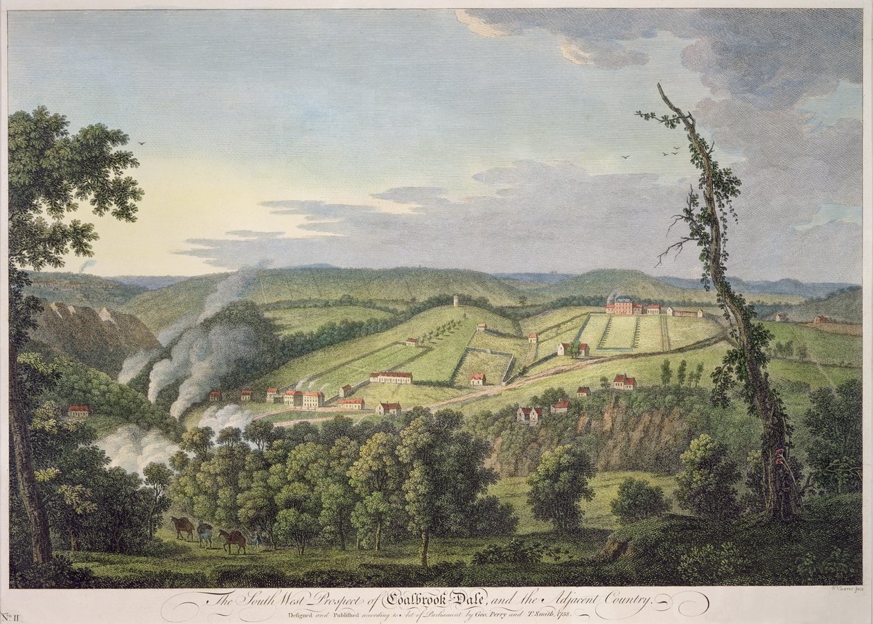 South-West Prospect of Coalbrookdale (gravura colorida à mão) de Francois Vivares