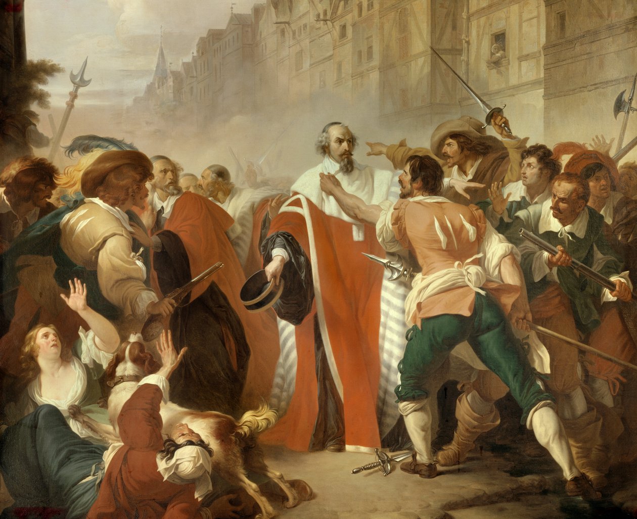 A Guarda dos Selos Mathieu Mole (1584-1656) resistente ao faccioso durante o dia das barricadas durante a Fronde em 27 de agosto de 1648 A multidão enfurecida exige a libertação de Pierre Broussel preso por causa de sua oposição aos novos impostos proposto de Francois Xavier Dupre