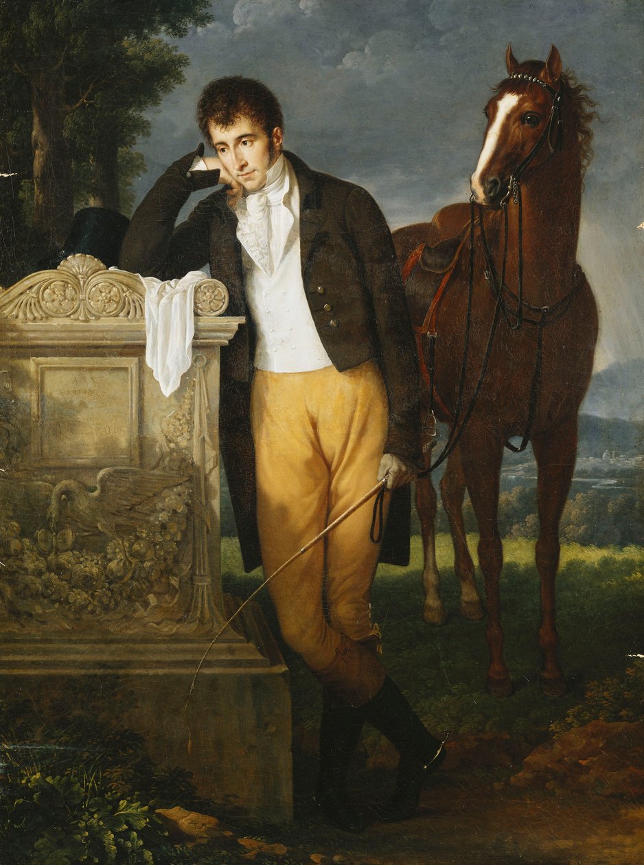 Retrato de Don Luigi Grimaldi, Príncipe de Santa Cruce, Marquês de Pietro Vajrana de Mônaco e Genes, apoiado no túmulo de sua noiva Fanny, Marquise de Grimaldi, 1804 de Francois Xavier Fabre