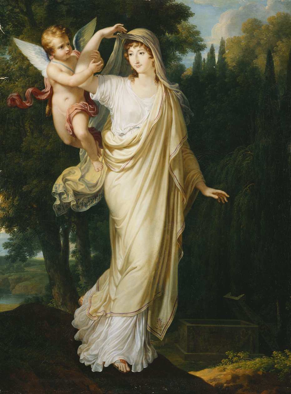 Retrato póstumo da marquesa Fanny Grimaldi, de Baronne von Burkenwald, princesa de Santa Cruce, marquesa de Mônaco e de Genes prestes a se juntar ao seu primeiro marido, o marquês Giovanni Battista Grimaldi em seu túmulo, 1804 de Francois Xavier Fabre