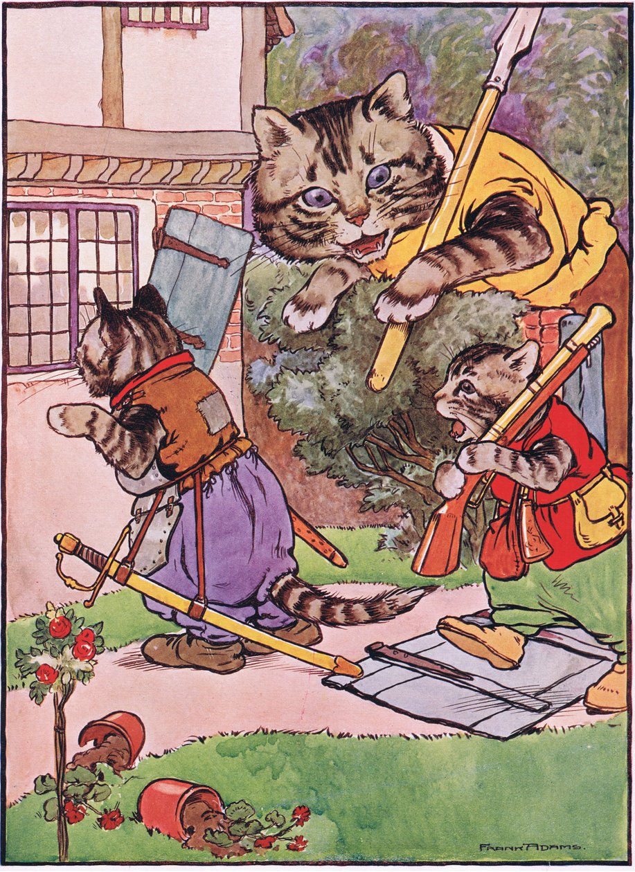 Um gato com seus gatinhos se arrasta até a casa, ilustração de "O Sapo faria um cortejo", de Charles H. Bennett, 1916 de Frank Adams