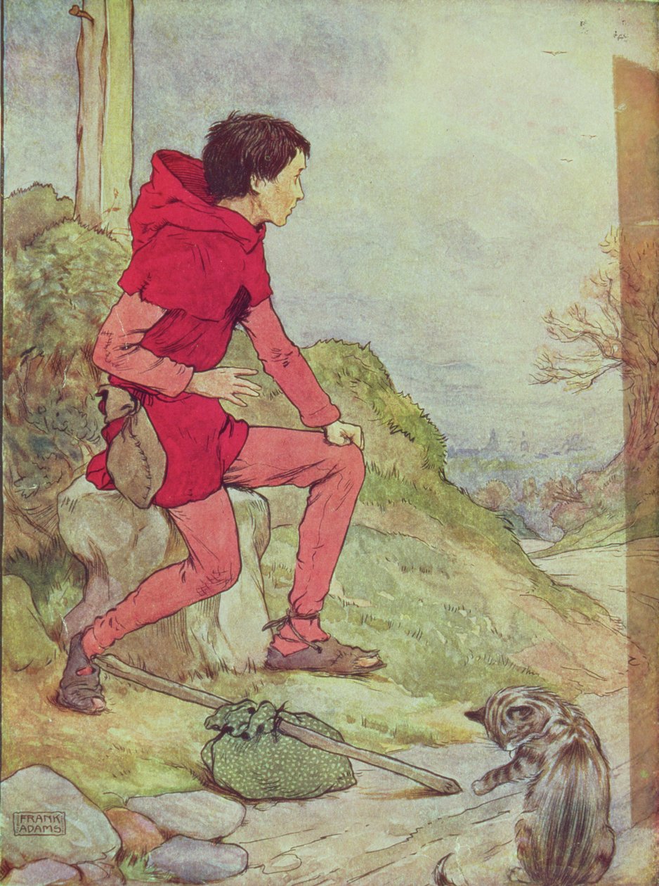 Dick Whittington a caminho de Londres de &39;My Nursery Story Book&39;, pub. por Blackie und Son (ilustração do livro) de Frank Adams