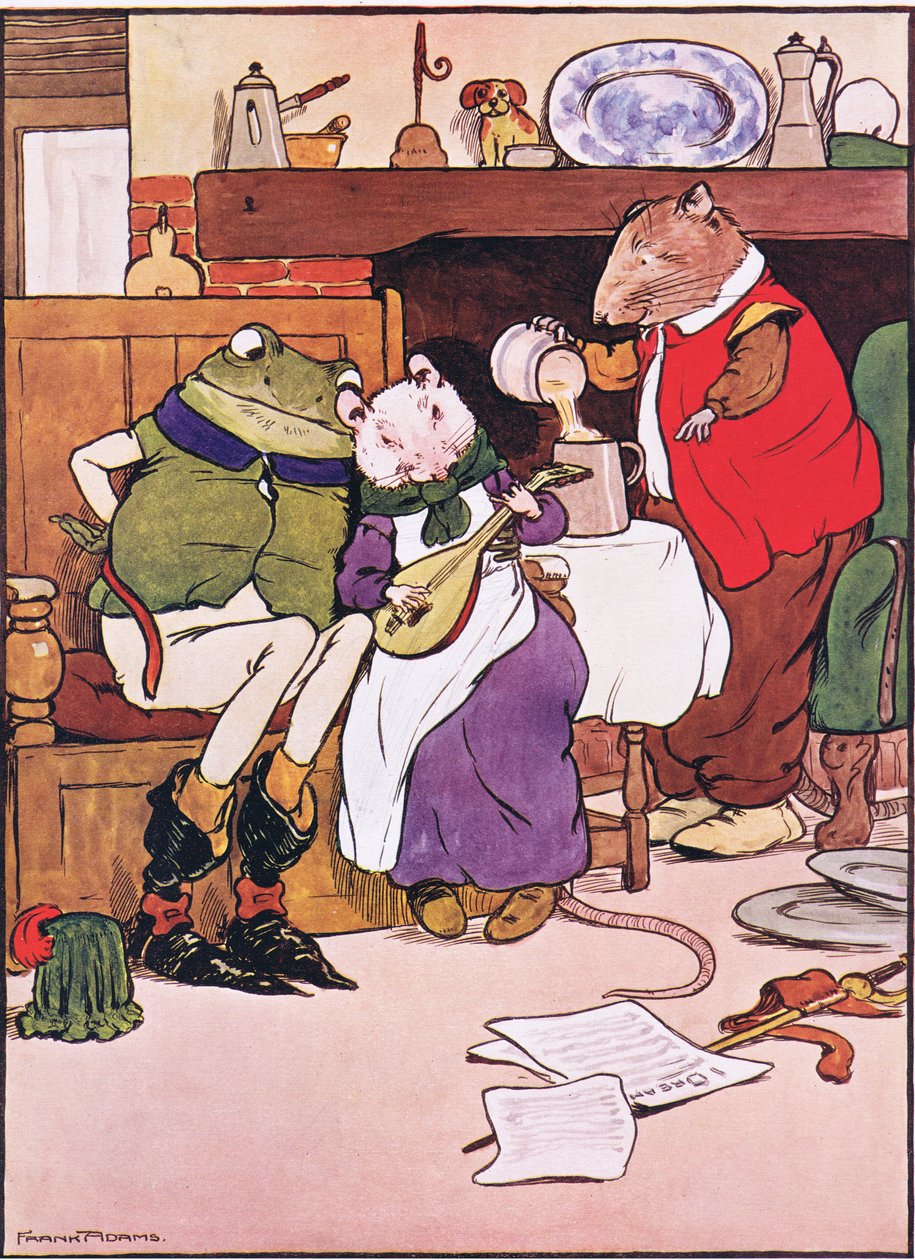 Vou cantar uma canção que acabei de inventar, ilustração de "The Frog would a Wooing Go", de Charles H. Bennett, 1916 de Frank Adams