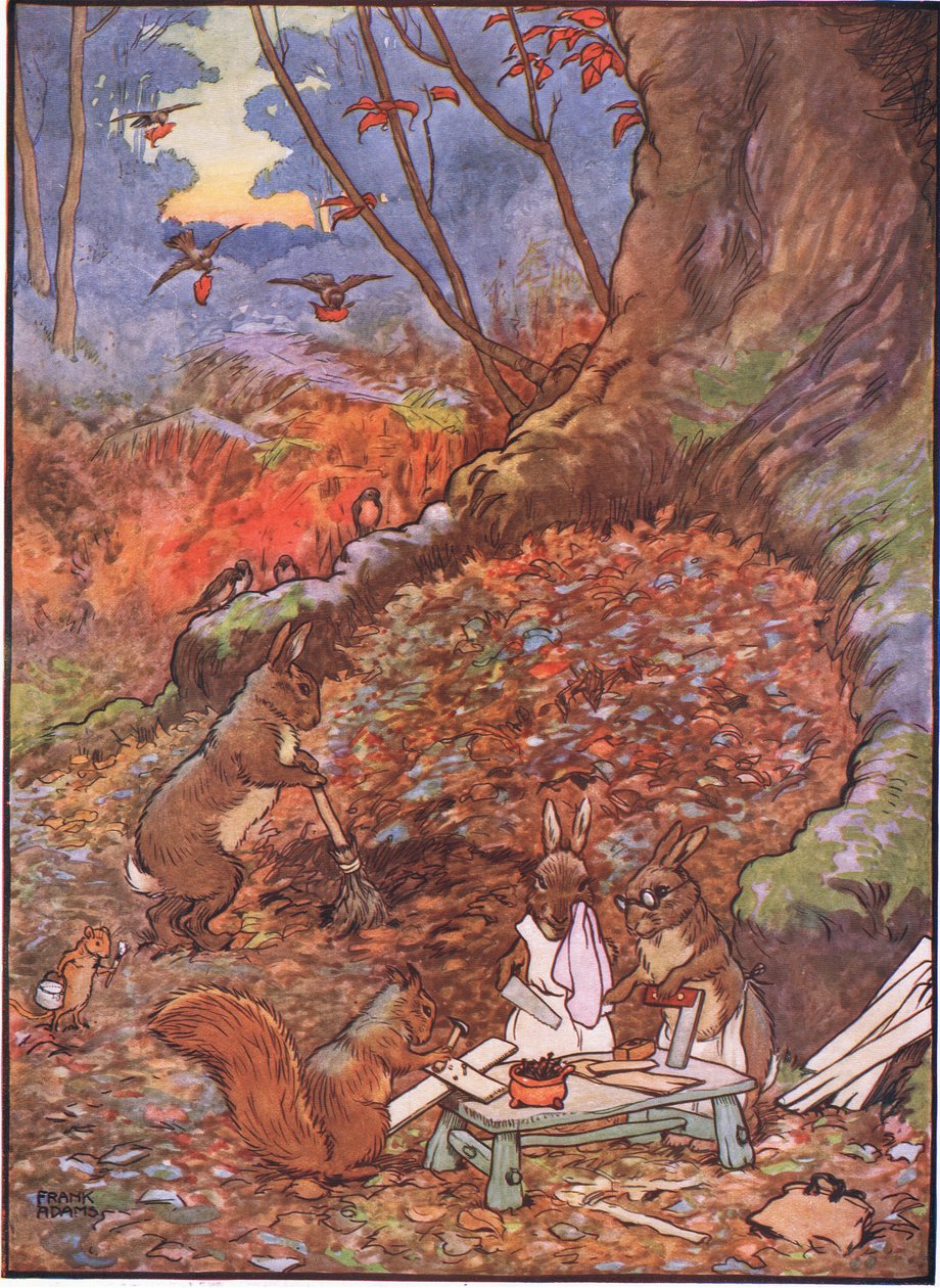 Nenhum sepultamento este par bonito de qualquer homem recebe, mas Robin Redbreast amorosamente cobriu-os com folhas, de 1930 de Frank Adams