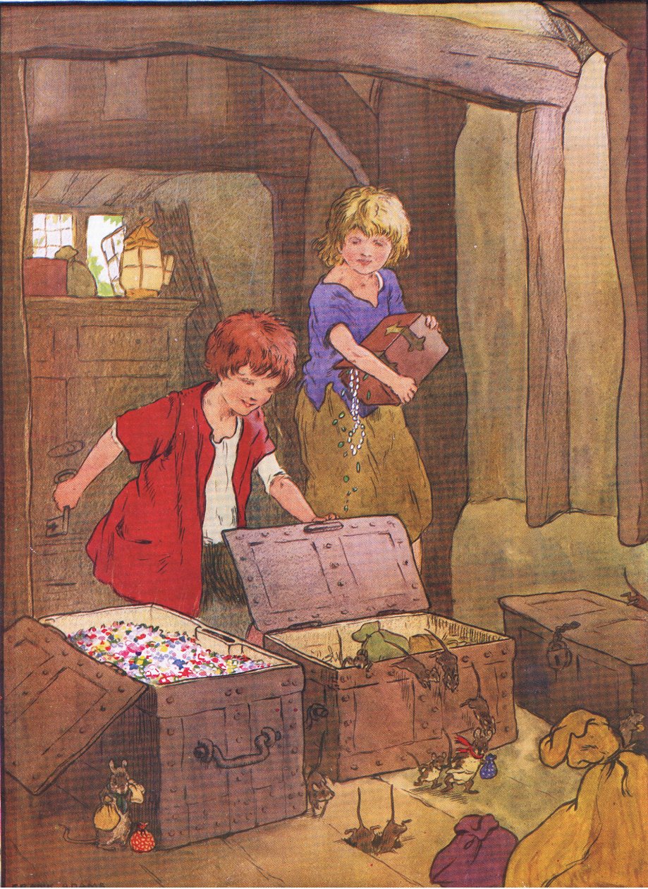 Ao abrir os baús, eles os encontraram cheios de maravilhosas pedras preciosas, joias e diamantes, de Hansel e Gretel publicados por Blackie & Son Limited, c.1940 de Frank Adams
