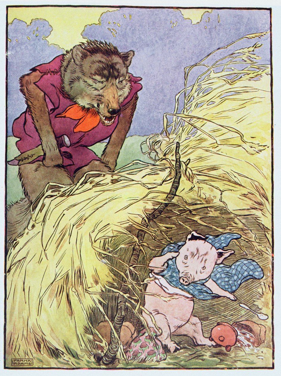 "Então ele bufou e soprou até explodir a casa de palha", ilustração de "Os Três Porquinhos", publicada em 1930 de Frank Adams