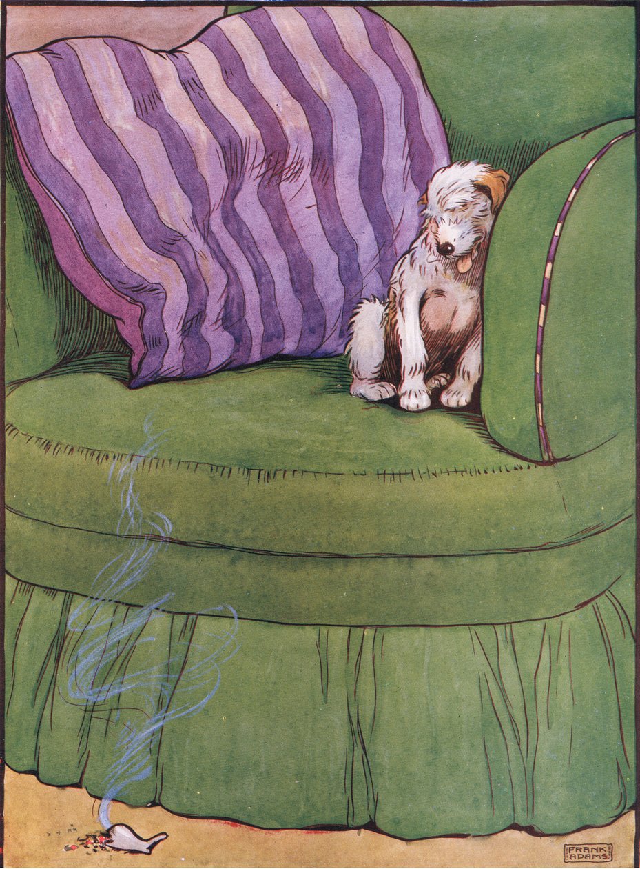 O cachorro sentou-se em uma cadeira de 1930 de Frank Adams