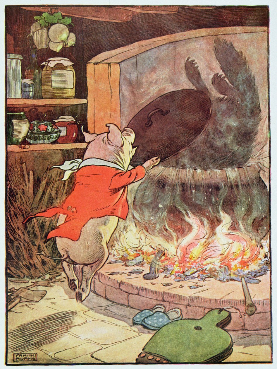 "O lobo caiu na água com um respingo", ilustração de "Os Três Porquinhos", publicado em 1930 de Frank Adams
