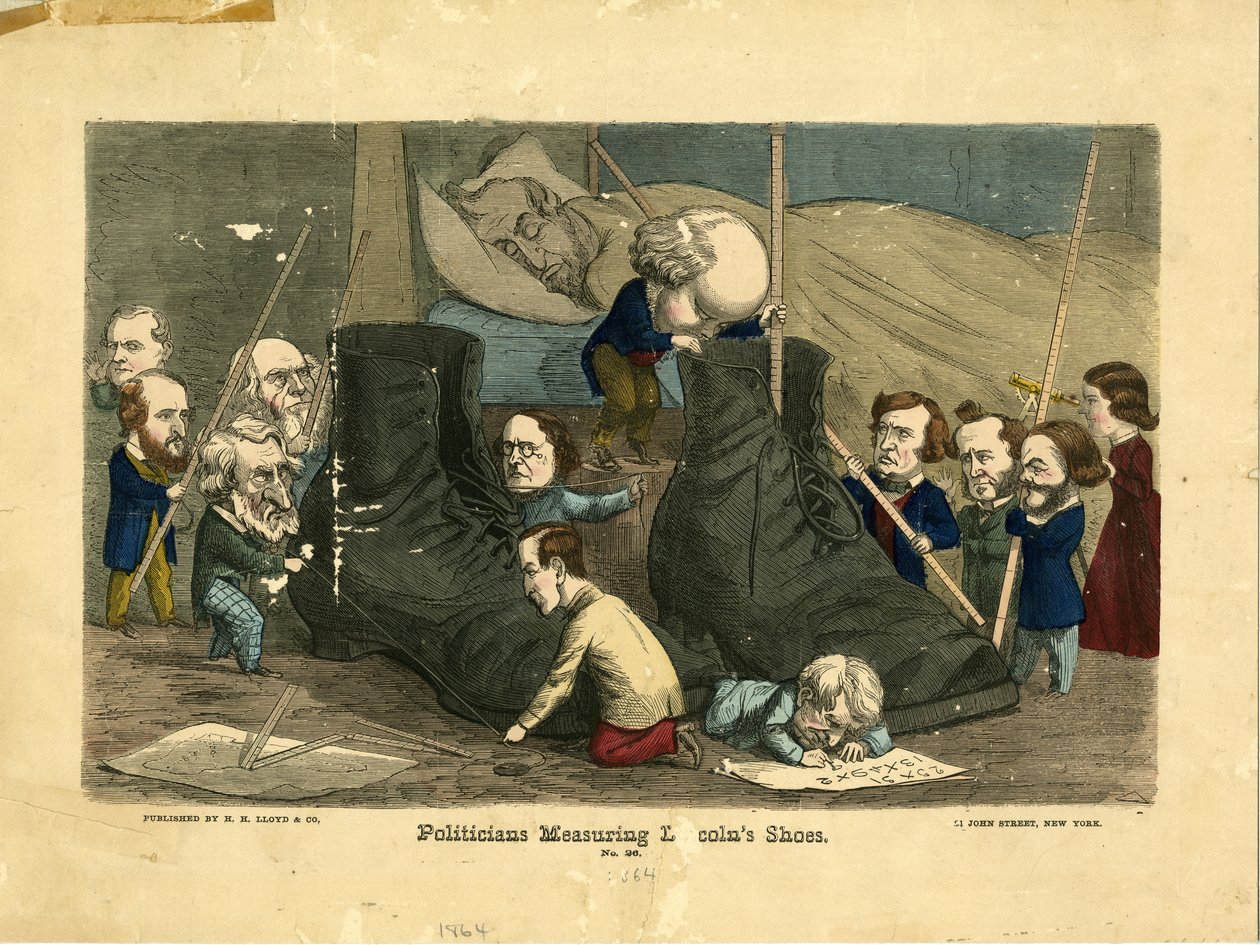 Políticos medindo sapatos de Lincoln, 1864 (gravura colorida à mão) de Frank Bellew