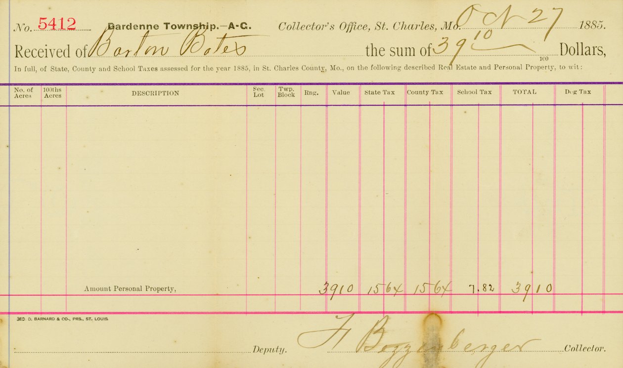Impostos avaliados para o ano de 1885 no condado de St. Charles de Frank Bizzenberger