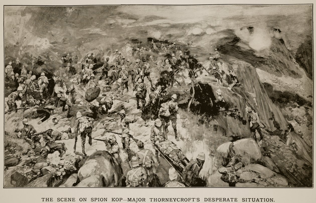 A cena em Spion Kop: A situação desesperada do major Thorneycroft, a partir de um esboço de um oficial britânico de Frank Craig