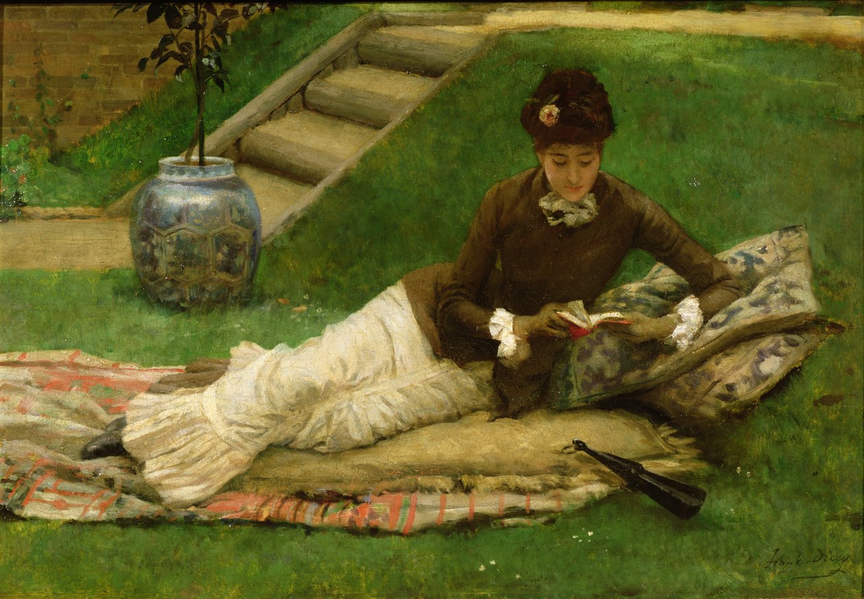 O romance, uma senhora em um jardim, lendo um livro de Frank Dicey