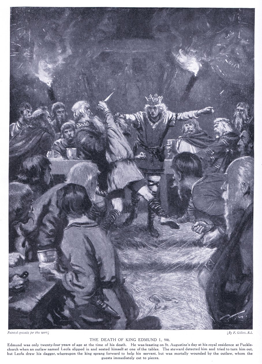 A morte do rei Edmund I AD946, 1920 de Frank Gillett