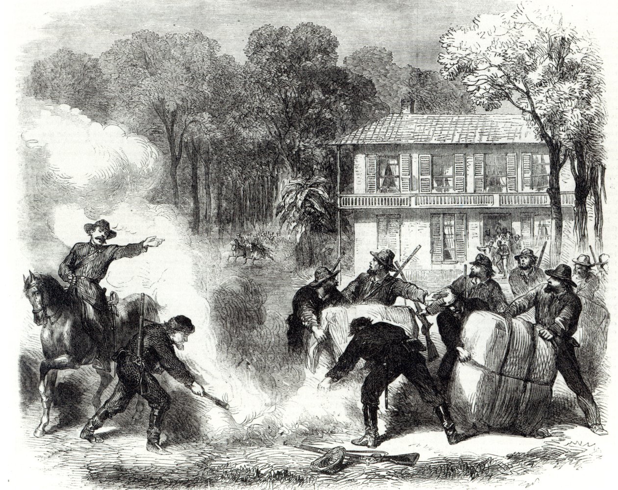 Queimadores de algodão confederados perto de Memphis, surpreendidos por exploradores federais durante a Guerra Civil Americana, 1862 de Frank Vizetelly