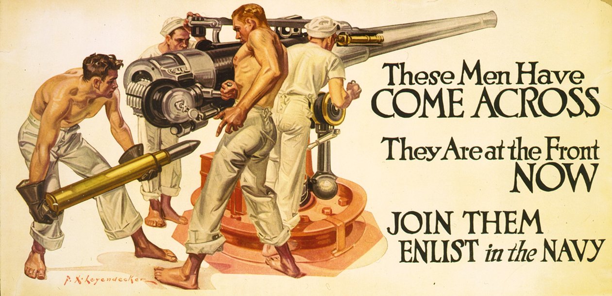 Estes homens se deparam, eles estão na frente agora. Junte-se a eles - inscreva-se na Marinha, c.1918 (litografia) de Frank Xavier Leyendecker