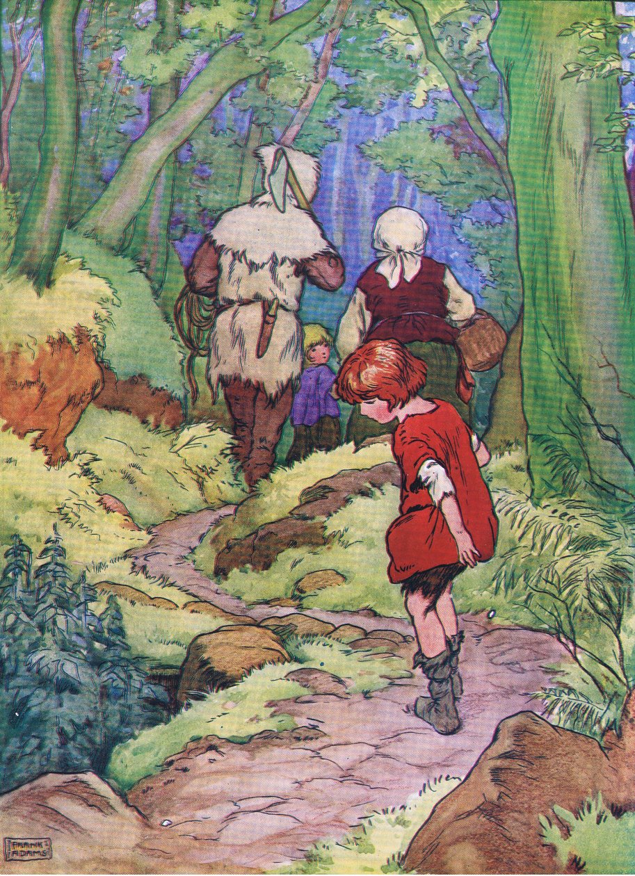 Hansel parou e toda vez que ele soltava um seixo branco, de Hansel e Gretel publicado pela Blackie & Son Limited, c.1940 de Frank Adams