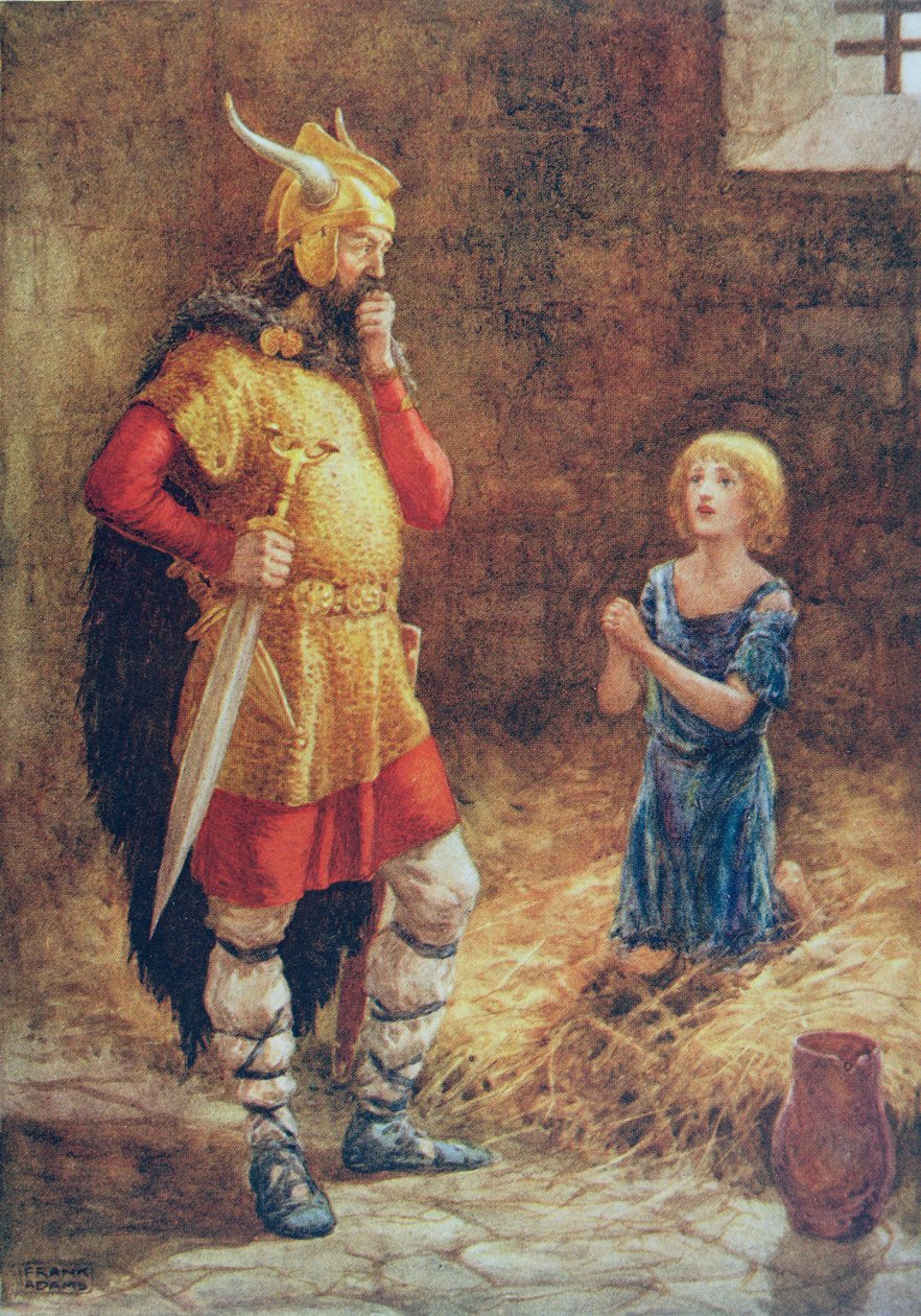 Havelock pede misericórdia de Godard, de "Havelock, o Dinamarquês", ilustrado em "Histórias de crianças dos poetas", de M. Dorothy Belgrave e Hilda Hart. de Frank Adams