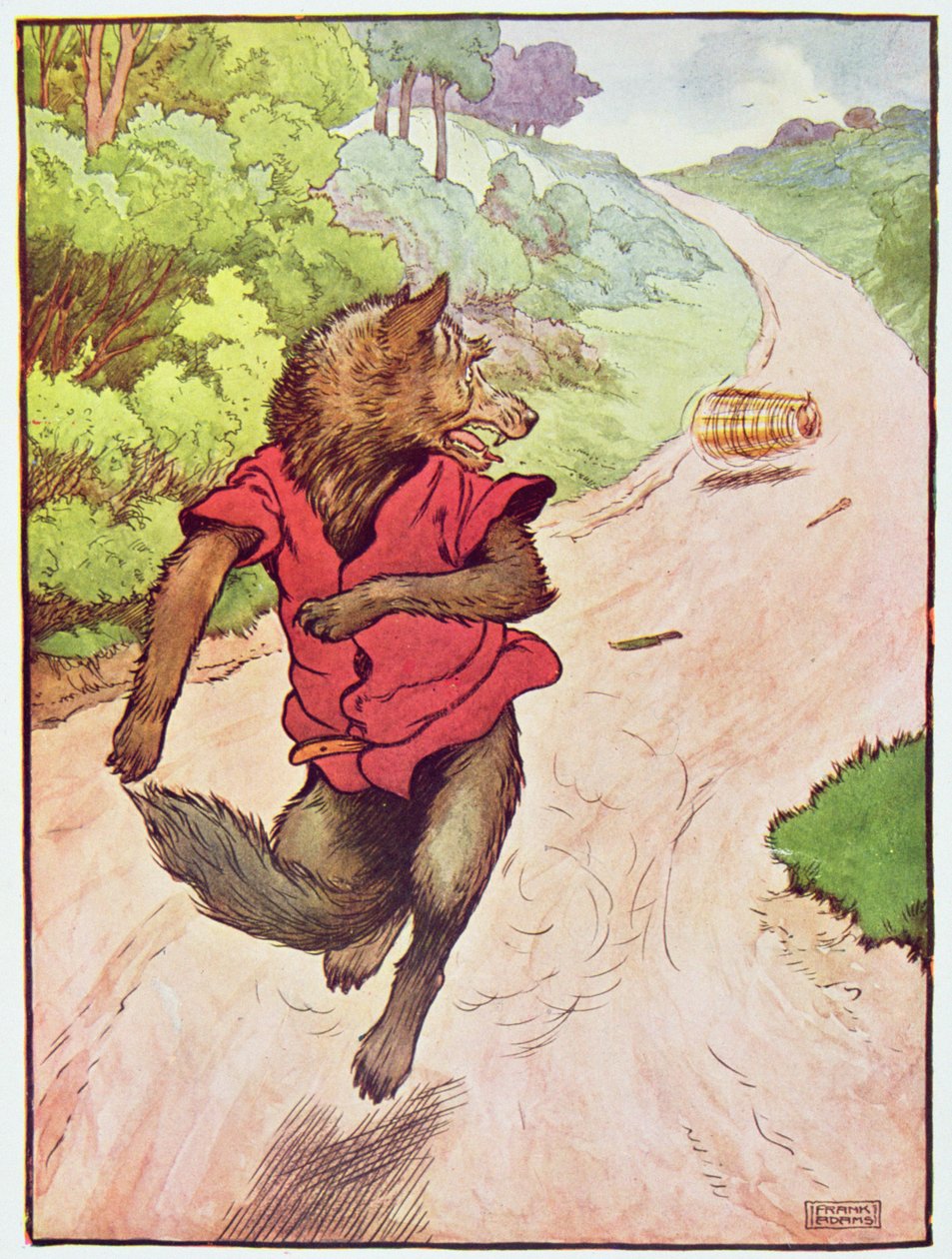 "Ele fugiu tão rápido quanto suas pernas o levariam", ilustração de "Os Três Porquinhos", publicado na década de 1930 (cor litho) de Frank Adams