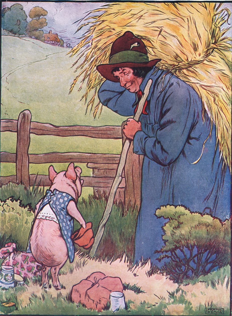 "Se o senhor, por favor", disse ele, "pode dar-me essa palha para construir uma casa com?", ilustração de "Os Três Porquinhos", publicado na década de 1930 (cor litho) de Frank Adams