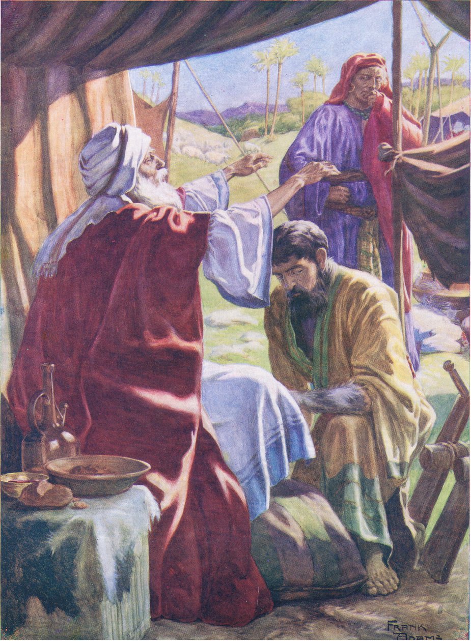 Jacob obtendo a bênção, de The Bible Picture Book publicado por Thomas Nelson, c.1950 (cor litho) de Frank Adams