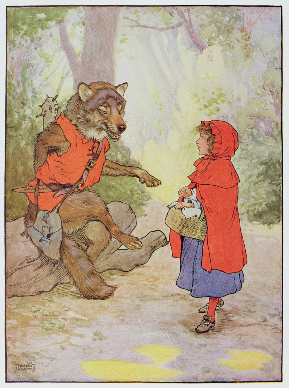 Chapeuzinho Vermelho e o Lobo, ilustração de "O Belo Livro de Rimas Infantis, Histórias e Imagens", de Frank Adams, publicado por Blackie und Son de Frank Adams